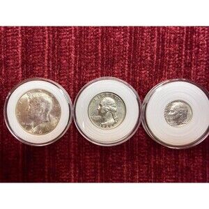 🔥1964 Kennedy Half Dollar Quarter Dime 90% Silver Collector Set -Last Years